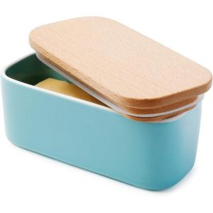 imageSweese Large Butter Dish  Airtight Butter Keeper Holds Up to 2 Sticks of Butter  Porcelain Container with Beech Wooden Lid WhiteTurquoise
