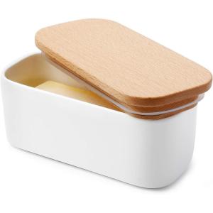 imageSweese Large Butter Dish  Airtight Butter Keeper Holds Up to 2 Sticks of Butter  Porcelain Container with Beech Wooden Lid WhiteWhite