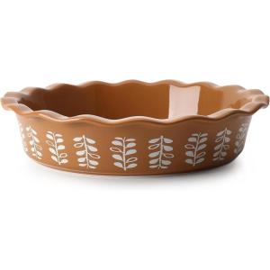 imageSweese Porcelain Deep Fluted Pie Dish for Baking  9 inch Porcelain Pie Plate for Apple Quiche Pot Pies Tart  Leaf  BrownBrown