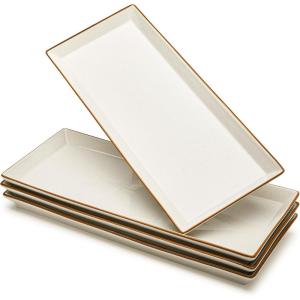 imageSweese Serving Platters Porcelain Vanilla White with Brown Trim Serving Trays for Parties Food and Turkey Large Rectangular Plates  155 Inch Set of 4138 Inch