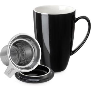 imageSweese 15 OZ Porcelain Tea Mug with Infuser and Lid Loose Leaf Tea Cup Gifts for Tea Lover Bluish GreyBlack