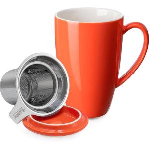 imageSweese 15 OZ Porcelain Tea Mug with Infuser and Lid Loose Leaf Tea Cup Gifts for Tea Lover Bluish GreyOrange