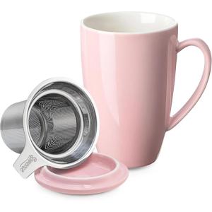 imageSweese 15 OZ Porcelain Tea Mug with Infuser and Lid Loose Leaf Tea Cup Gifts for Tea Lover Bluish GreyPink