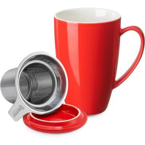 imageSweese 15 OZ Porcelain Tea Mug with Infuser and Lid Loose Leaf Tea Cup Gifts for Tea Lover Bluish GreyRed