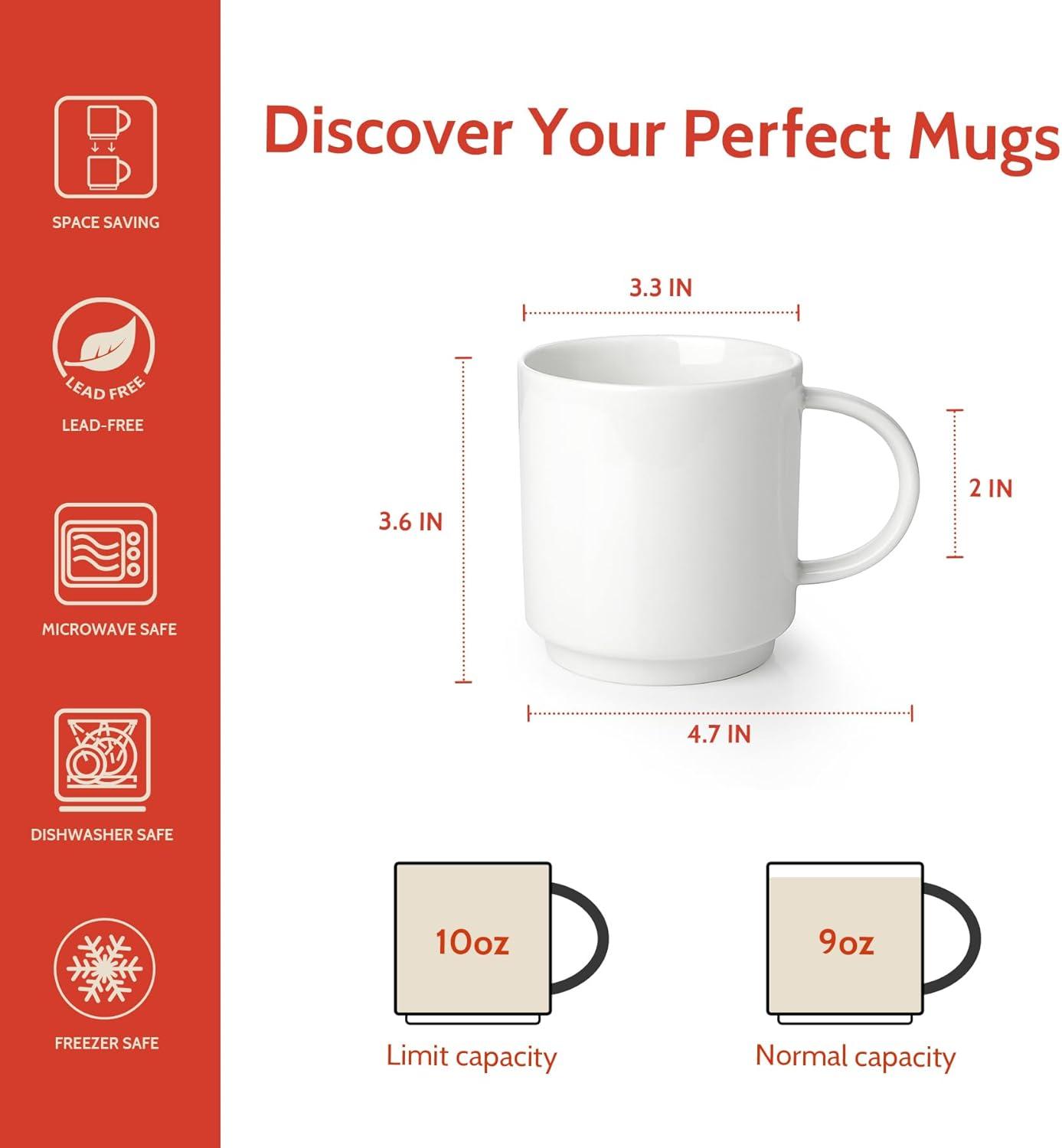 imageSweese Stackable Coffee Mugs  10 Oz Porcelain Cups for Specialty Coffee Drinks Cappuccino Cafe Mocha Latte and tea Set of 6 Cool Assorted ColorsWhite
