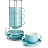 imageSweese 8 Ounce Porcelain Stackable Cappuccino Cups with Saucers and Metal Stand  for Specialty Coffee Drinks Cappuccino Latte Americano and Tea  Set of 4 WhiteTurquoise