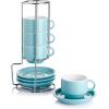 imageSweese 8 Ounce Porcelain Stackable Cappuccino Cups with Saucers and Metal Stand  for Specialty Coffee Drinks Cappuccino Latte Americano and Tea  Set of 4 WhiteTurquoise