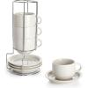 imageSweese 8 Ounce Porcelain Stackable Cappuccino Cups with Saucers and Metal Stand  for Specialty Coffee Drinks Cappuccino Latte Americano and Tea  Set of 4 WhiteDove Grey