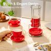 imageSweese 8 Ounce Porcelain Stackable Cappuccino Cups with Saucers and Metal Stand  for Specialty Coffee Drinks Cappuccino Latte Americano and Tea  Set of 4 WhiteRed