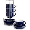 imageSweese 8 Ounce Porcelain Stackable Cappuccino Cups with Saucers and Metal Stand  for Specialty Coffee Drinks Cappuccino Latte Americano and Tea  Set of 4 WhiteNavy