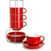 imageSweese 8 Ounce Porcelain Stackable Cappuccino Cups with Saucers and Metal Stand  for Specialty Coffee Drinks Cappuccino Latte Americano and Tea  Set of 4 WhiteRed