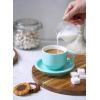 imageSweese 8 Ounce Porcelain Stackable Cappuccino Cups with Saucers and Metal Stand  for Specialty Coffee Drinks Cappuccino Latte Americano and Tea  Set of 4 WhiteTurquoise