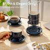imageSweese 8 Ounce Porcelain Stackable Cappuccino Cups with Saucers and Metal Stand  for Specialty Coffee Drinks Cappuccino Latte Americano and Tea  Set of 4 WhiteNavy