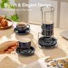 imageSweese 8 Ounce Porcelain Stackable Cappuccino Cups with Saucers and Metal Stand  for Specialty Coffee Drinks Cappuccino Latte Americano and Tea  Set of 4 WhiteNavy