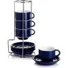 imageSweese 8 Ounce Porcelain Stackable Cappuccino Cups with Saucers and Metal Stand  for Specialty Coffee Drinks Cappuccino Latte Americano and Tea  Set of 4 WhiteNavy