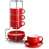 imageSweese 8 Ounce Porcelain Stackable Cappuccino Cups with Saucers and Metal Stand  for Specialty Coffee Drinks Cappuccino Latte Americano and Tea  Set of 4 WhiteRed