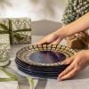 imageSweese Porcelain Dinner Plates Set of 6 102 Inch Serving Plates Modern Geometric Printed Lattice Round Dishes  Dishwasher Microwave Oven Safe Scratch Resistant Blue ampamp GoldNavy