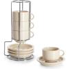 imageSweese 8 Ounce Porcelain Stackable Cappuccino Cups with Saucers and Metal Stand  for Specialty Coffee Drinks Cappuccino Latte Americano and Tea  Set of 4 WhiteBeige