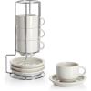 imageSweese 8 Ounce Porcelain Stackable Cappuccino Cups with Saucers and Metal Stand  for Specialty Coffee Drinks Cappuccino Latte Americano and Tea  Set of 4 WhiteDove Grey