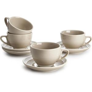 imageSweese 6 Ounce Cappuccino Cups with Saucers Porcelain Double Espresso Cups Set of 4  GrayGray