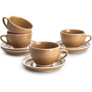 imageSweese 6 Ounce Cappuccino Cups with Saucers Porcelain Double Espresso Cups Set of 4  GrayYellow
