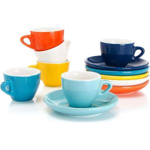imageSweese 6 Ounce Cappuccino Cups with Saucers Porcelain Double Espresso Cups Set of 6  WhiteMulticolor