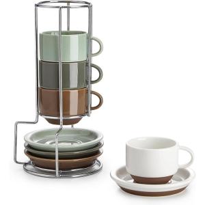 imageSweese 8 Ounce Cappuccino Cups Set of 4 Porcelain Stackable Coffee Cups with Saucers and Metal Stand Multicolor25 Ounce