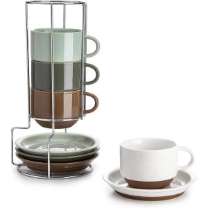 imageSweese 8 Ounce Cappuccino Cups Set of 4 Porcelain Stackable Coffee Cups with Saucers and Metal Stand Multicolor8 Ounce