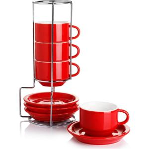 imageSweese 8 Ounce Porcelain Stackable Cappuccino Cups with Saucers and Metal Stand  for Specialty Coffee Drinks Cappuccino Latte Americano and Tea  Set of 4 WhiteRed