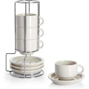 imageSweese 8 Ounce Porcelain Stackable Cappuccino Cups with Saucers and Metal Stand  for Specialty Coffee Drinks Cappuccino Latte Americano and Tea  Set of 4 WhiteDove Grey