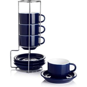 imageSweese 8 Ounce Porcelain Stackable Cappuccino Cups with Saucers and Metal Stand  for Specialty Coffee Drinks Cappuccino Latte Americano and Tea  Set of 4 WhiteNavy