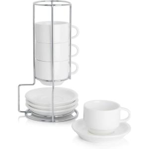 imageSweese 8 Ounce Porcelain Stackable Cappuccino Cups with Saucers and Metal Stand  for Specialty Coffee Drinks Cappuccino Latte Americano and Tea  Set of 4 WhiteWhite