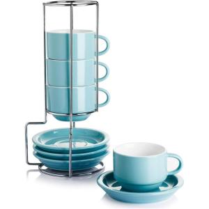 imageSweese 8 Ounce Porcelain Stackable Cappuccino Cups with Saucers and Metal Stand  for Specialty Coffee Drinks Cappuccino Latte Americano and Tea  Set of 4 WhiteTurquoise