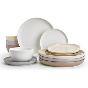 imageSweese Dinnerware Sets 12 Pieces Porcelain Round Plates and Bowls Sets Dishes Set for 4 Chip Scratch Dishwasher Microwave and Oven Safe Dishware Sets WhitecolorMulticolor