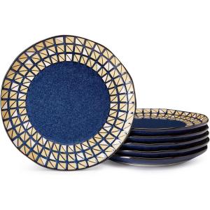 imageSweese Porcelain Dinner Plates Set of 6 102 Inch Serving Plates Modern Geometric Printed Lattice Round Dishes  Dishwasher Microwave Oven Safe Scratch Resistant Blue ampamp GoldNavy