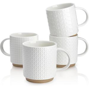 imageSweese Stackable Coffee Mugs  10 Oz Porcelain Cups with Sculpture design for Specialty Coffee Drinks Cappuccino Cafe Mocha Latte and tea Set of 4 White