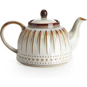 imageSweese Ceramic Teapot Beaded Retro Flower Glaze 1100ml37 oz Large Tea Pot for Loose Tea or Bags Enough for 4 Cups Nebula AmberNebula Amber