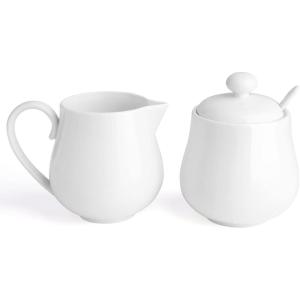 imageSweese 12 Ounce Porcelain Sugar and Creamer Set Coffee Serving Set 3 Piece with Cream Pitcher Sugar Bowl with Lid and Spoon White  480101