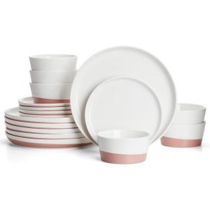 imageSweese Plates and Bowls Set Porcelain Dinnerware Sets for 6 18 Pieces Handcrafted Glaze Dishes Chip and Scratch Resistant Microwave Oven ampamp Dishwasher Safe Dishwasher Safe White ampamp Pink 