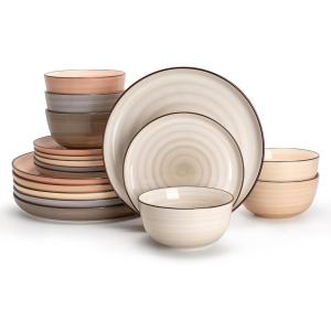 imageSweese Plates and Bowls Sets 18 Piece Dinnerware Set Porcelain Round Dinner Set for 6 Scratch Resistant Dishes Set Dishwasher and Oven Microwave Safe Handpainted Swirl Dishware Sets Assorted GreenNeutral Colors