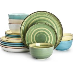 imageSweese Plates and Bowls Sets 18 Piece Dinnerware Set Porcelain Round Dinner Set for 6 Scratch Resistant Dishes Set Dishwasher and Oven Microwave Safe Handpainted Swirl Dishware Sets Assorted GreenAssorted Green Colors