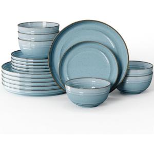 imageSweese Porcelain Dinnerware Sets Service for 618 pcs Handcrafted Glaze Plates and Bowls Sets Modern Shape Embossed Dinner Set Scratch Resistant Dishwasher Safe Ceramic Dish Set Gradient Blue