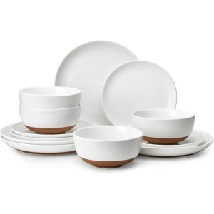imageSweese Porcelain Dinnerware Sets for 4 12 Pieces Handcrafted Embossed Plates and Bowls Set with Rustic Terracotta Underside Scratch Resistant Dishes Set Dishwasher ampamp Microwave Safe White