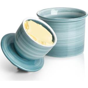 imageSweese HandPainted Butter Crock with Water  French Butter Keeper Crock with Lid for Countertop Artistic Design Dishwasher ampamp Microwave Safe GiftReadyLight GreyDark Blue