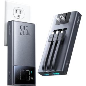 imageJOYROOM Portable Charger 10000mAh Power Bank with Builtin Cables and AC Wall Plug PD 225W Fast Charging Battery Pack Compatible with iPhone iPad and Tablet GoldDark Grey