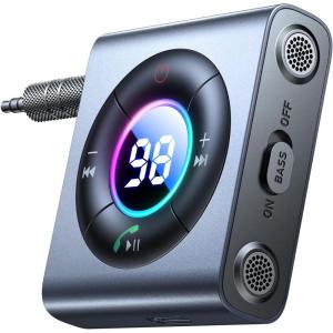 imageBluetooth 54 Car Adapter 2024 Dual Mics Noise Cancelling Bluetooth Aux Adapter for Car HiFi Bass Sound ampamp Easy ConnectionBluetooth Adapter Receiver for Car MusicHandsFree Calls 26H Battery LifeGrey