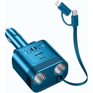 imageJOYROOM 5 in 1 Car Cigarette Lighter Adapter 160W Fast Charging Car Charger Adapter 2Socket Cigarette Lighter Splitter Retractable Car Charger for iPhone Android All Car DevicesBlue