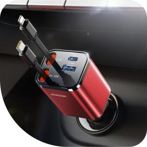 imageSuper Compact Retractable Car Charger 4 in 1 69W Car Charger USB C iPhone 16 Car Charger Fast Charging Car Accessories Car Phone Charger Adapter for iPhone 15 Pro Max Pixel RedRed