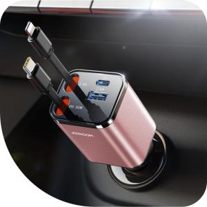imageSuper Compact Retractable Car Charger 4 in 1 69W Car Charger USB C iPhone 16 Car Charger Fast Charging Car Accessories Car Phone Charger Adapter for iPhone 15 Pro Max Pixel RedPink