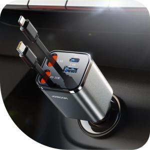 imageSuper Compact Retractable Car Charger 4 in 1 69W Car Charger USB C iPhone 16 Car Charger Fast Charging Car Accessories Car Phone Charger Adapter for iPhone 15 Pro Max Pixel RedGray